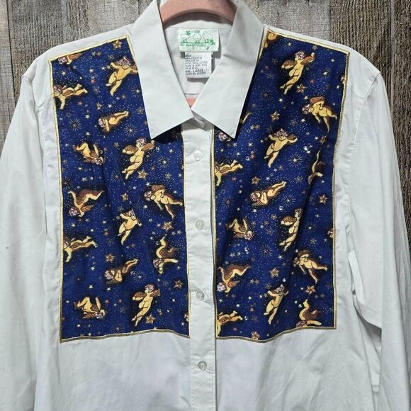The Quacker Factory Vintage White Cherub Angel Graphic Button Up Shirt - Picture 2 of 4